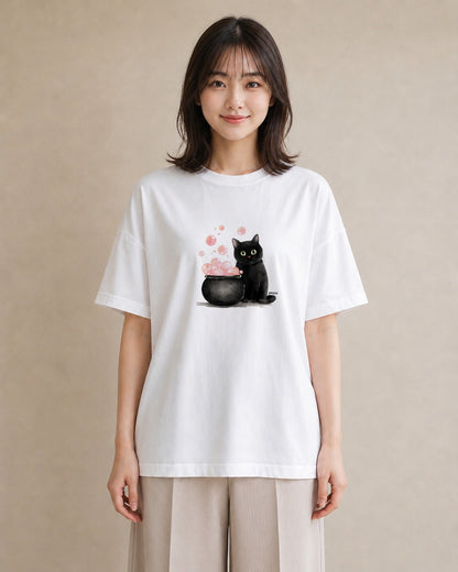 半袖Tシャツ レディース 黒猫 猫 ねこ イラスト ボタニカル 社会人 女性 白T YMAZO