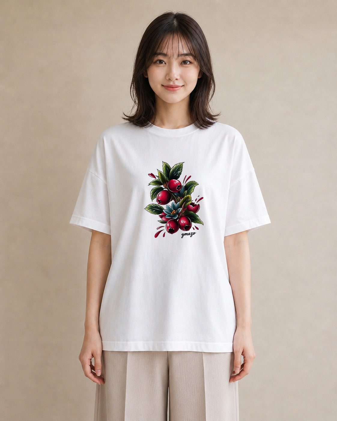 Tシャツ レディース 木の実 植物 ボタニカル イラスト ラフ お出かけ 普段着 白T YMAZO