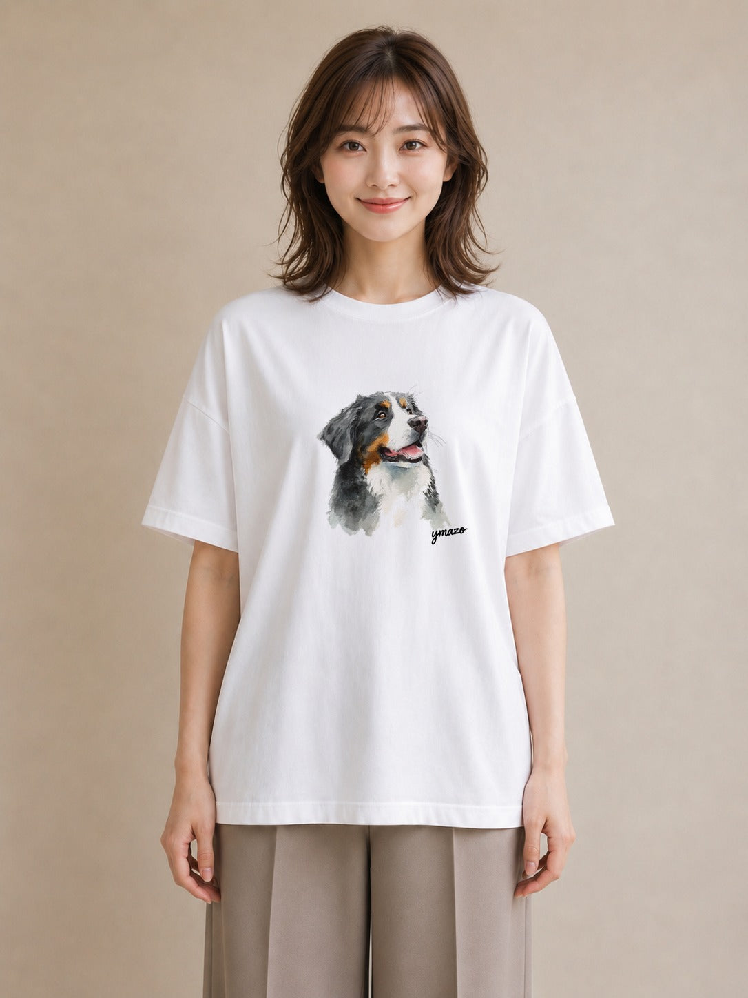 半袖Tシャツ レディース バーニーズマウンテンドッグ 犬 いぬ イラスト ユニーク 買い物 夏コーデ 白T YMAZO