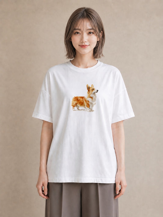 グラフィックTシャツ レディース ウェルシュコーギー コーギー 犬 いぬ イラスト 水彩風 社会人 女性 白T YMAZO