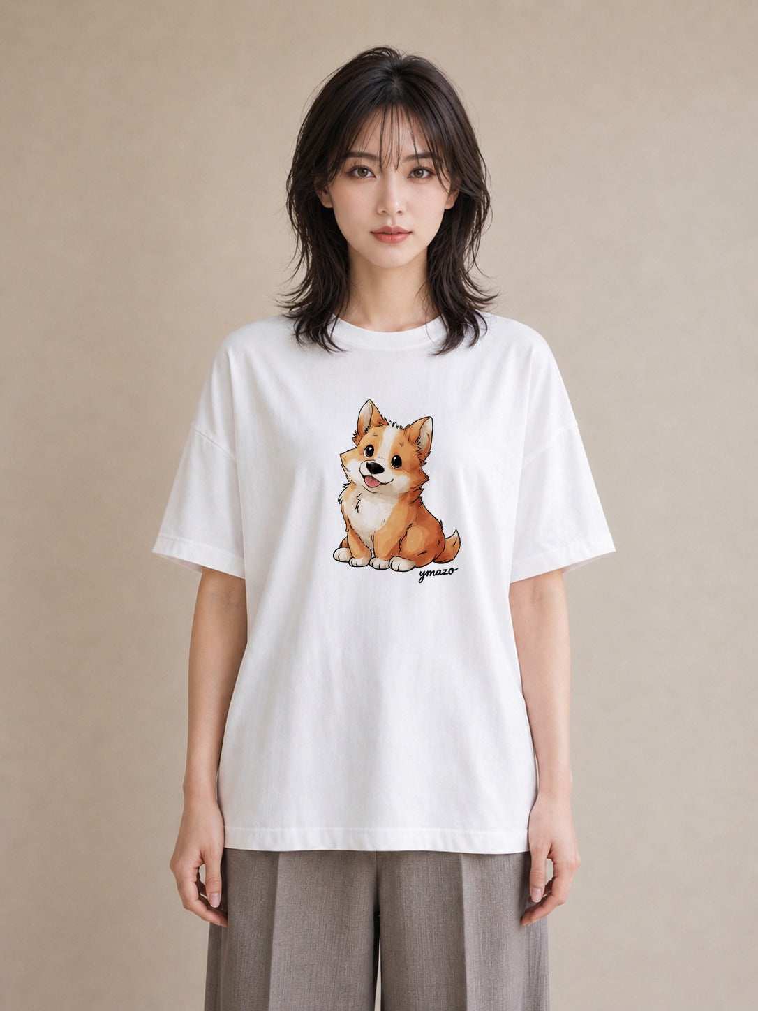 プリントTシャツ レディース ウェルシュコーギー コーギー 犬 いぬ イラスト ヴィンテージ風 旅行用 海 白T YMAZO