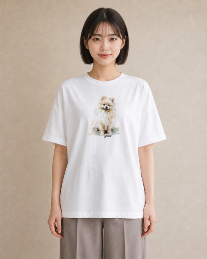 デザインTシャツ レディース ポメラニアン ポメ 犬 いぬ イラスト 休日コーデ お揃い 親子 白T YMAZO
