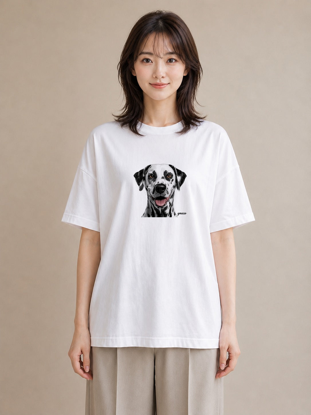 プリントTシャツ レディース ダルメシアン 犬 いぬ イラスト 淡色 カフェ服 クリスマス 白T YMAZO