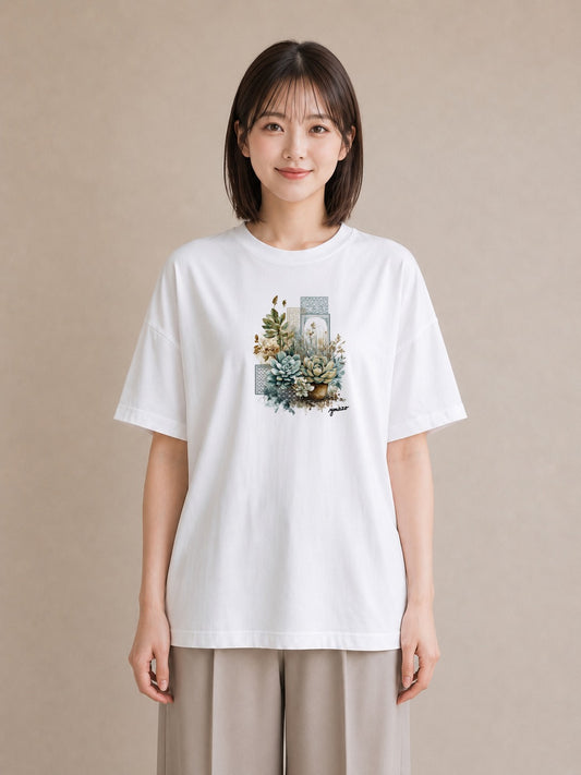 グラフィックTシャツ レディース 夕暮れ バルコニー 夕焼け ナチュラル アンティーク イラスト ヴィンテージ風 ビーチ デイリーウェア 白T