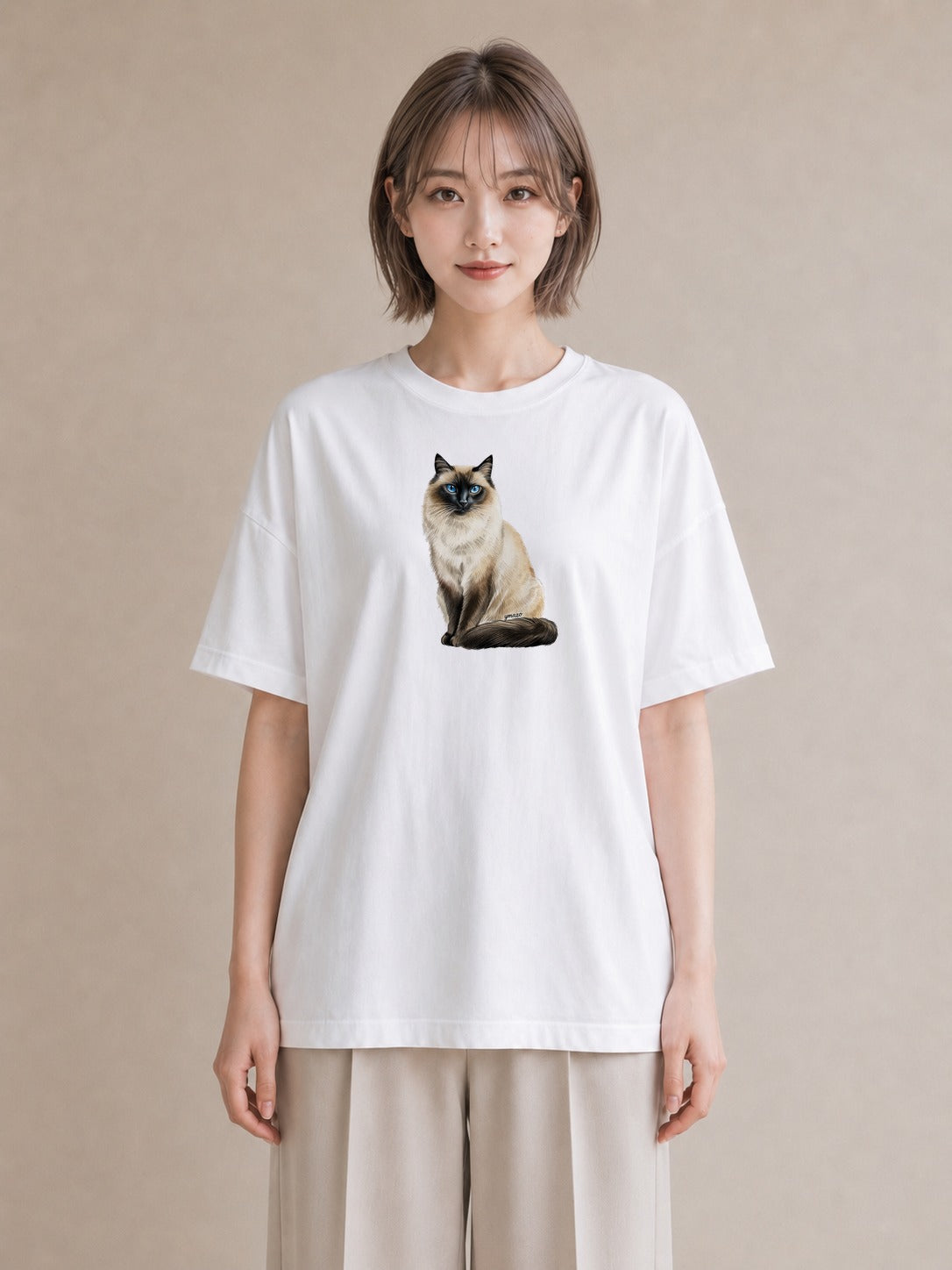 デザインTシャツ レディース ペルシャ 猫 ねこ イラスト カジュアル 夏コーデ 通学 白T YMAZO