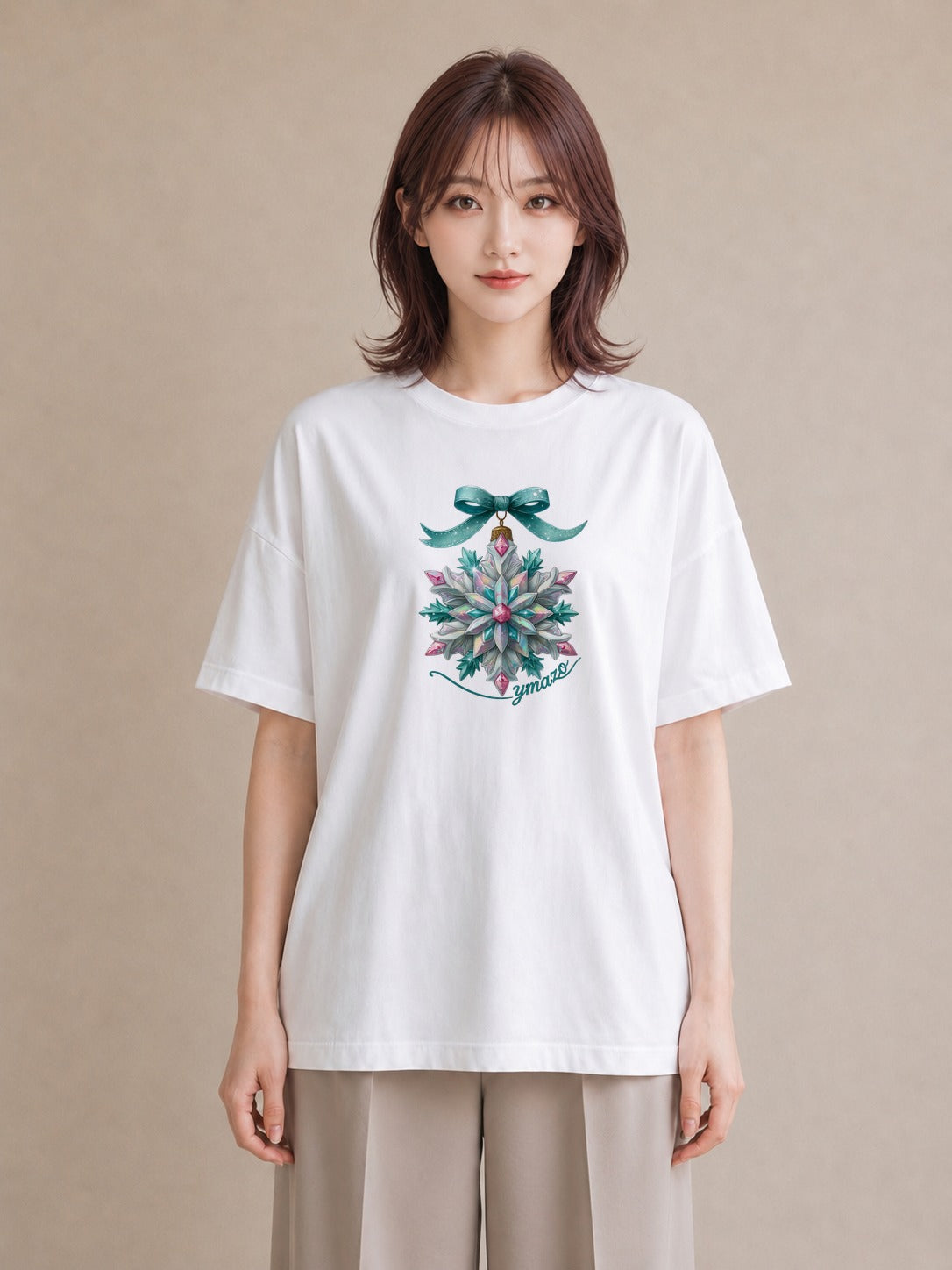 Tシャツ レディース 雪の結晶 星空 宇宙 イラスト 淡色 ママ カフェ服 白T YMAZO
