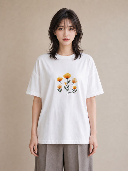 半袖Tシャツ レディース マーガレット 花 花柄 イラスト 淡色 送別ギフト 通勤 白T