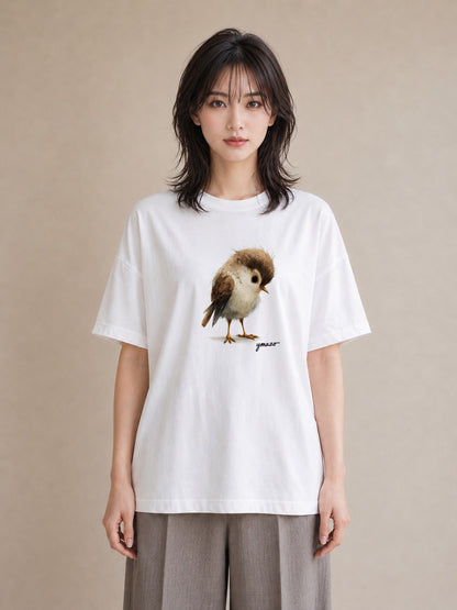 半袖Tシャツ レディース 文鳥 ペット 動物 イラスト 可愛い 旅行用 海 白T YMAZO