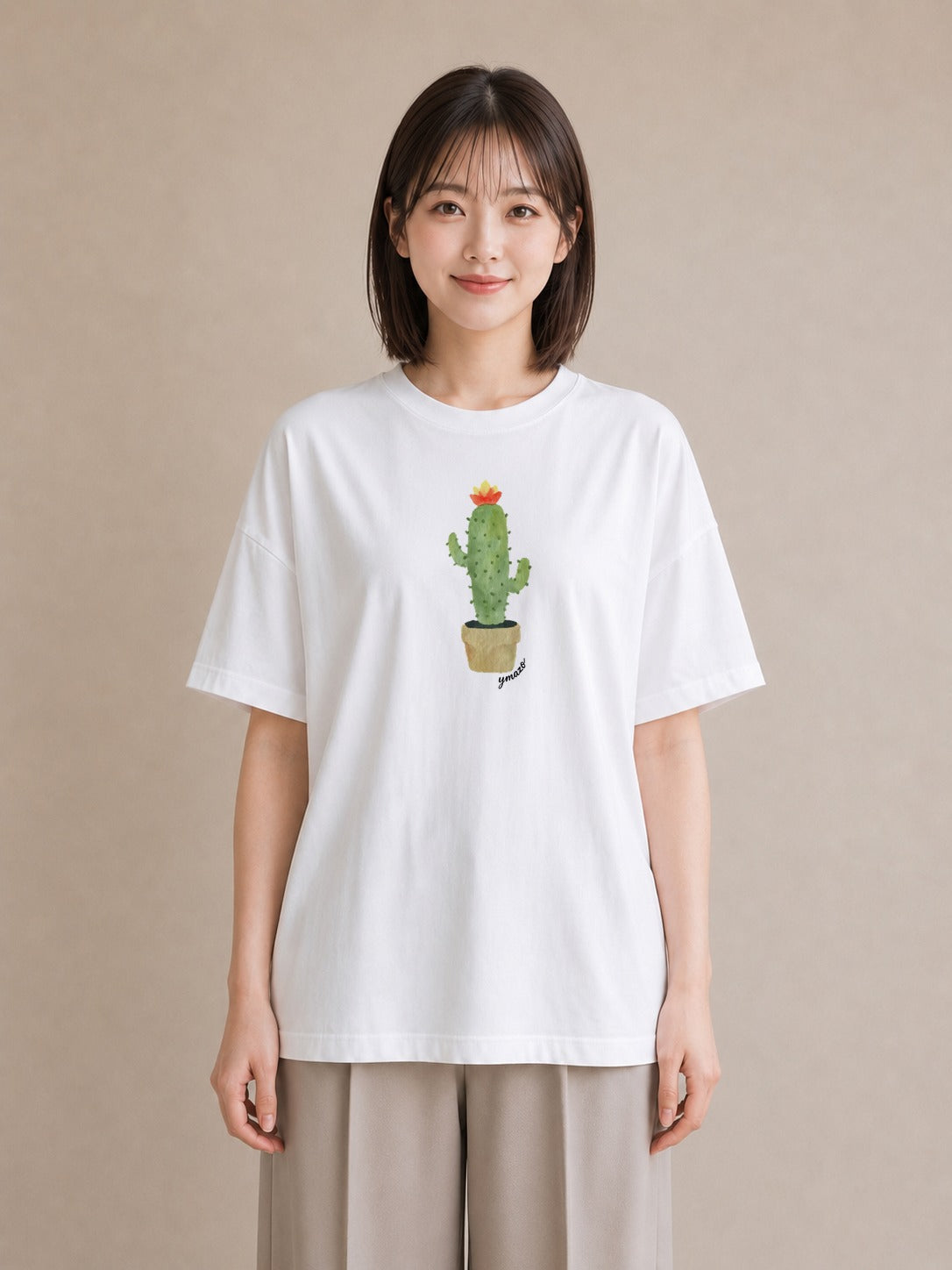 プリントTシャツ レディース サボテン 植物 ボタニカル イラスト デート 帰省 白T YMAZO