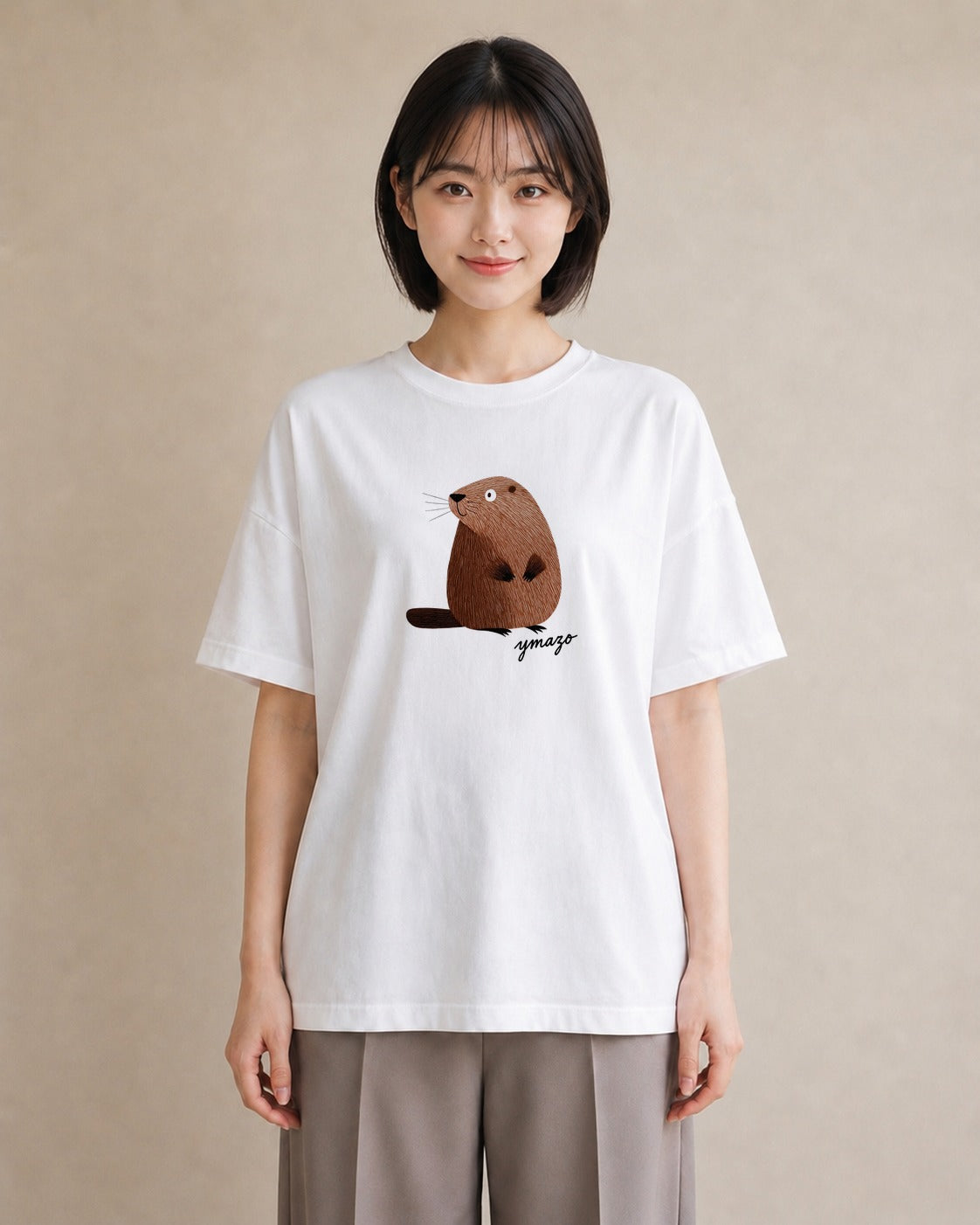 半袖Tシャツ レディース コツメカワウソ 動物 アニマル イラスト 線画 女性向けギフト 散歩 白T YMAZO