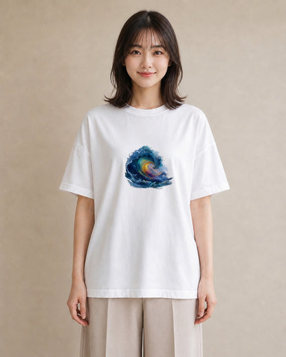 Tシャツ レディース 波 星空 宇宙 イラスト ミニマル 女性 旅行用 白T YMAZO