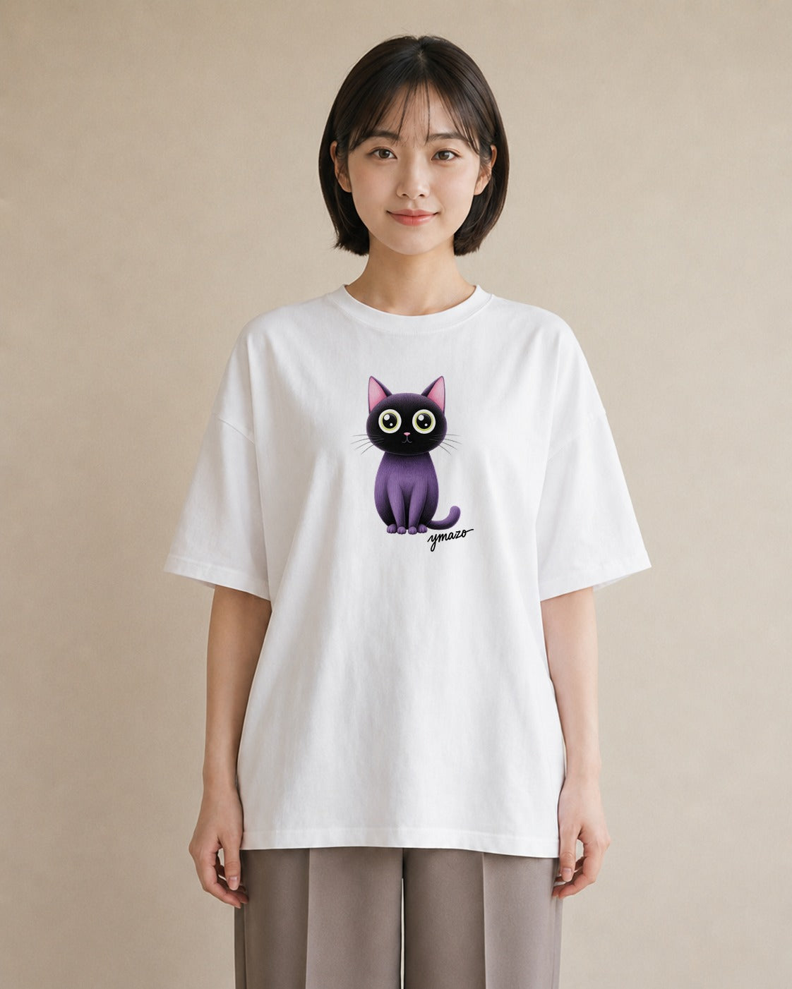 半袖Tシャツ レディース 黒猫 猫 ねこ イラスト 旅行コーデ ホワイトデー 春服 白T YMAZO
