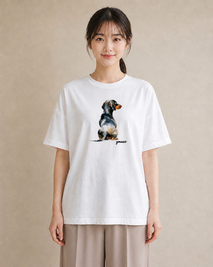 デザインTシャツ レディース ミニチュアダックスフンド 犬 いぬ イラスト フェミニン 通学 誕生日プレゼント 白T YMAZO