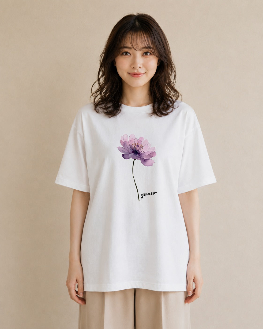半袖Tシャツ レディース スミレ 花 花柄 イラスト ラフカジュアル 海 カフェ巡り 白T