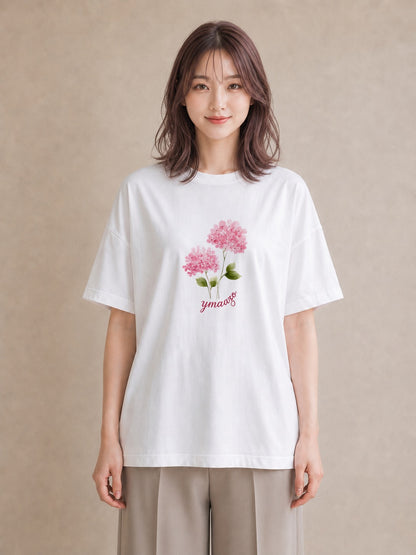 半袖Tシャツ レディース あじさい 紫陽花 アジサイ 花 花柄 イラスト 線画 休日 ペアコーデ 白T