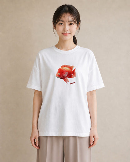 半袖Tシャツ レディース 出目金 ペット 動物 イラスト ユニーク 女性向けギフト 散歩 白T YMAZO