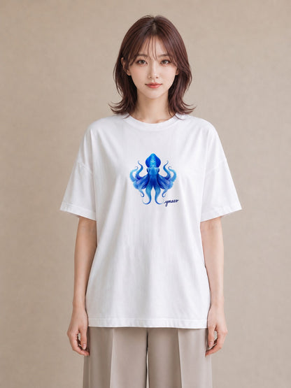 グラフィックTシャツ レディース イカ 海の生き物 海 イラスト ニュアンス カフェ服 クリスマス 白T YMAZO