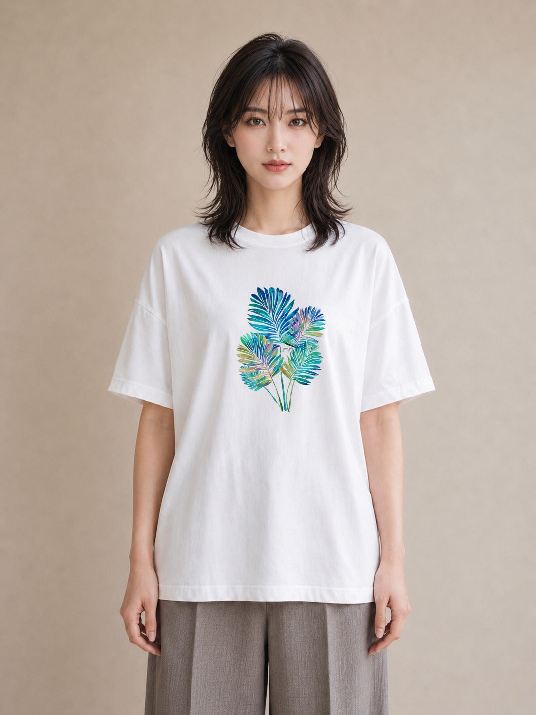 Tシャツ レディース モンステラ 植物 ボタニカル イラスト 韓国風 綿100 デート 白T YMAZO