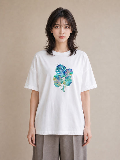 Tシャツ レディース モンステラ 植物 ボタニカル イラスト 韓国風 綿100 デート 白T YMAZO
