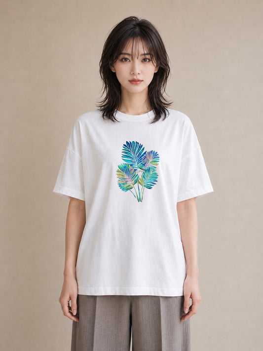 Tシャツ レディース モンステラ 植物 ボタニカル イラスト 韓国風 綿100 デート 白T YMAZO