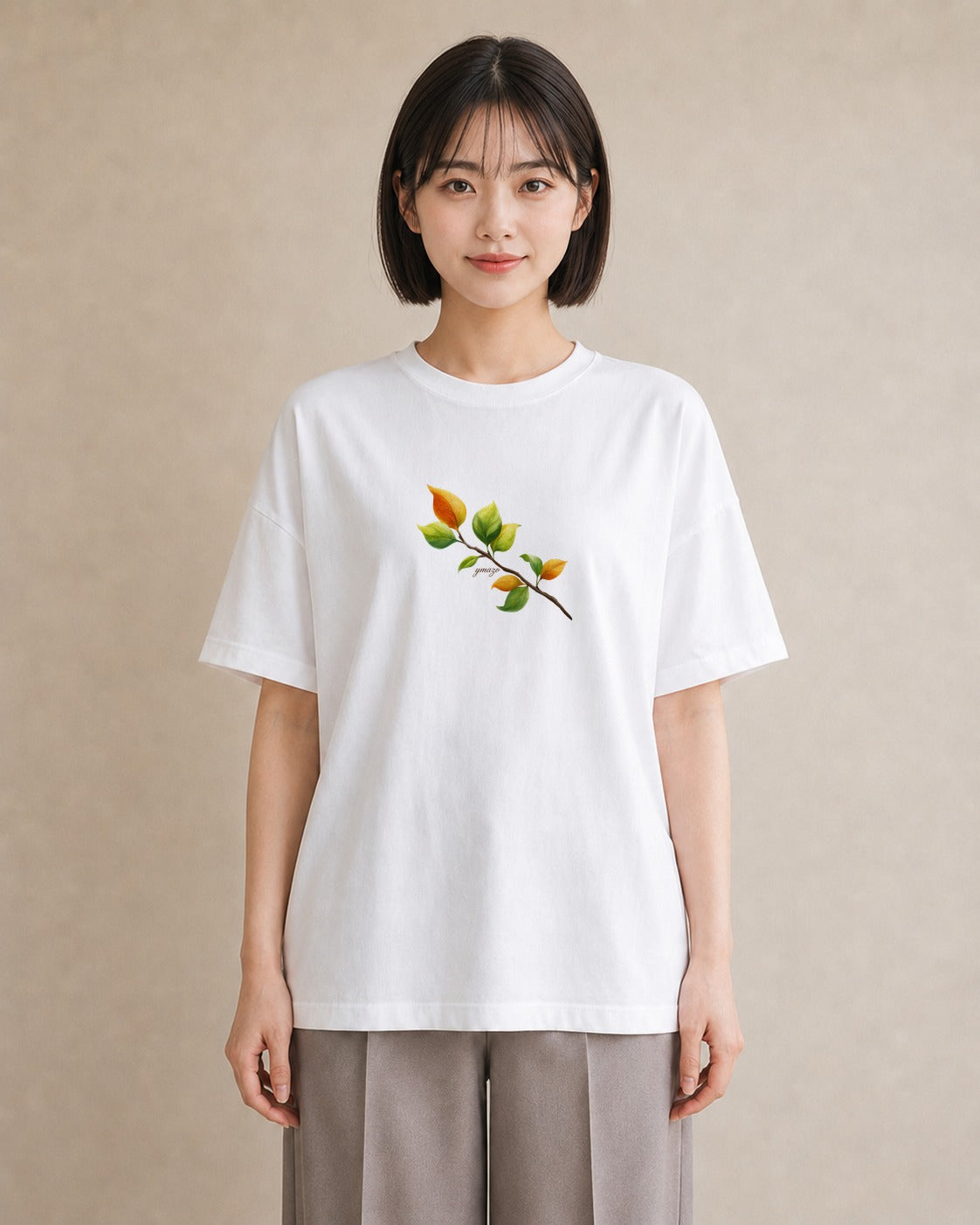 グラフィックTシャツ レディース 落ち葉 植物 ボタニカル イラスト シック 20代 カジュアルコーデ 白T YMAZO