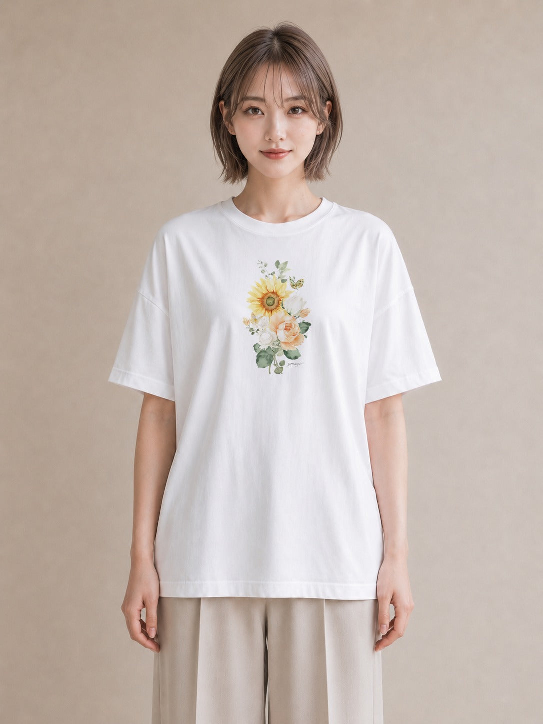 半袖Tシャツ レディース ひまわり 向日葵 花 花柄 イラスト 旅行コーデ クリスマス 旅行 白T