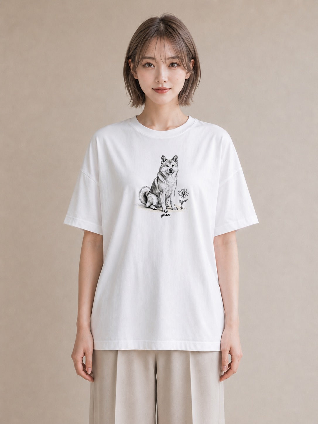 半袖Tシャツ レディース 秋田犬 犬 いぬ イラスト こなれ感 自分用 ルームウェア 白T YMAZO