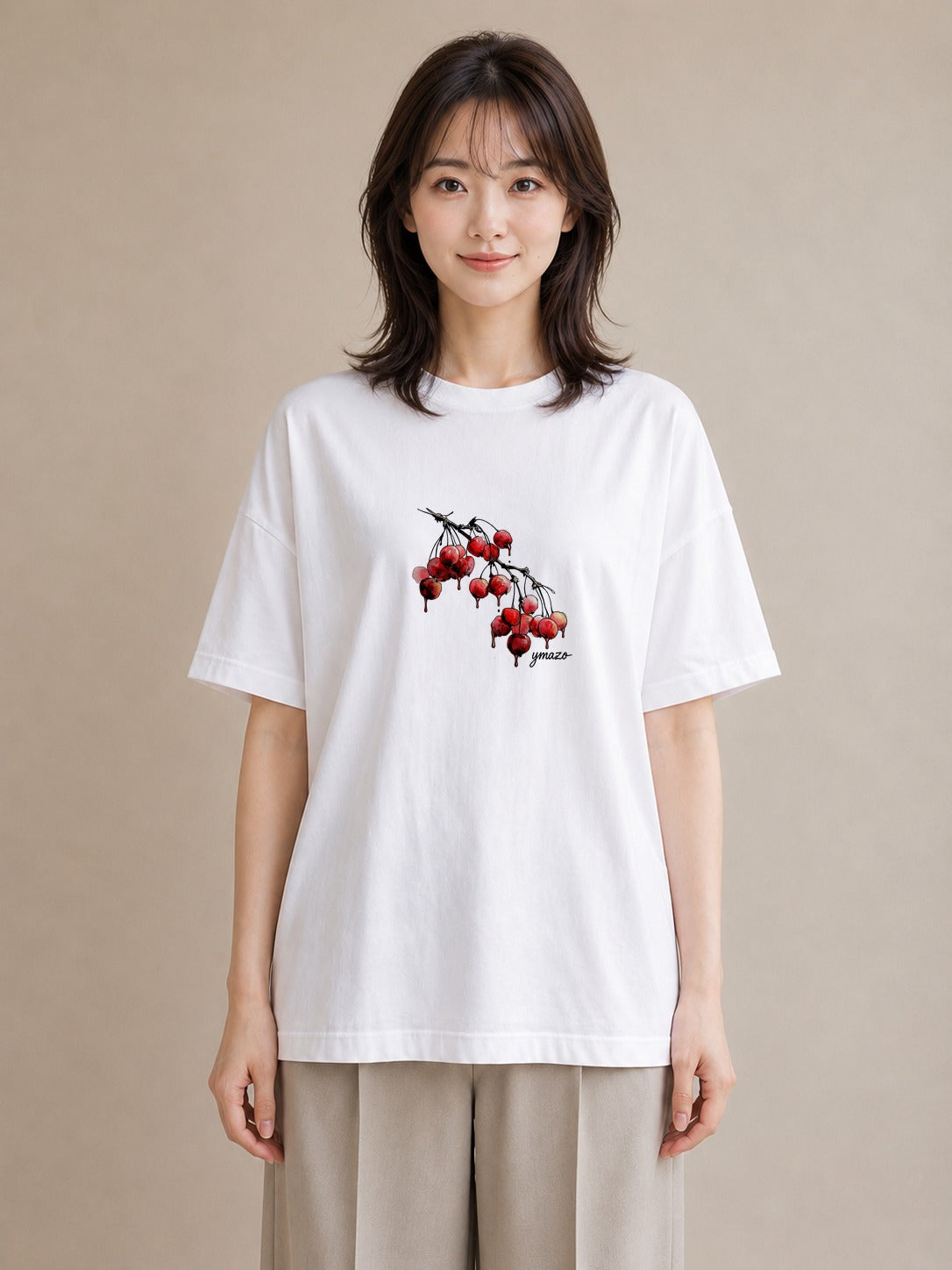 半袖Tシャツ レディース さくらんぼ チェリー 食べ物 フード イラスト 抜け感 友達ギフト 部屋着 白T YMAZO
