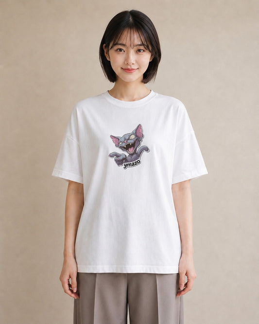プリントTシャツ レディース スフィンクス 猫 ねこ イラスト ラフ ビーチ デイリーウェア 白T YMAZO