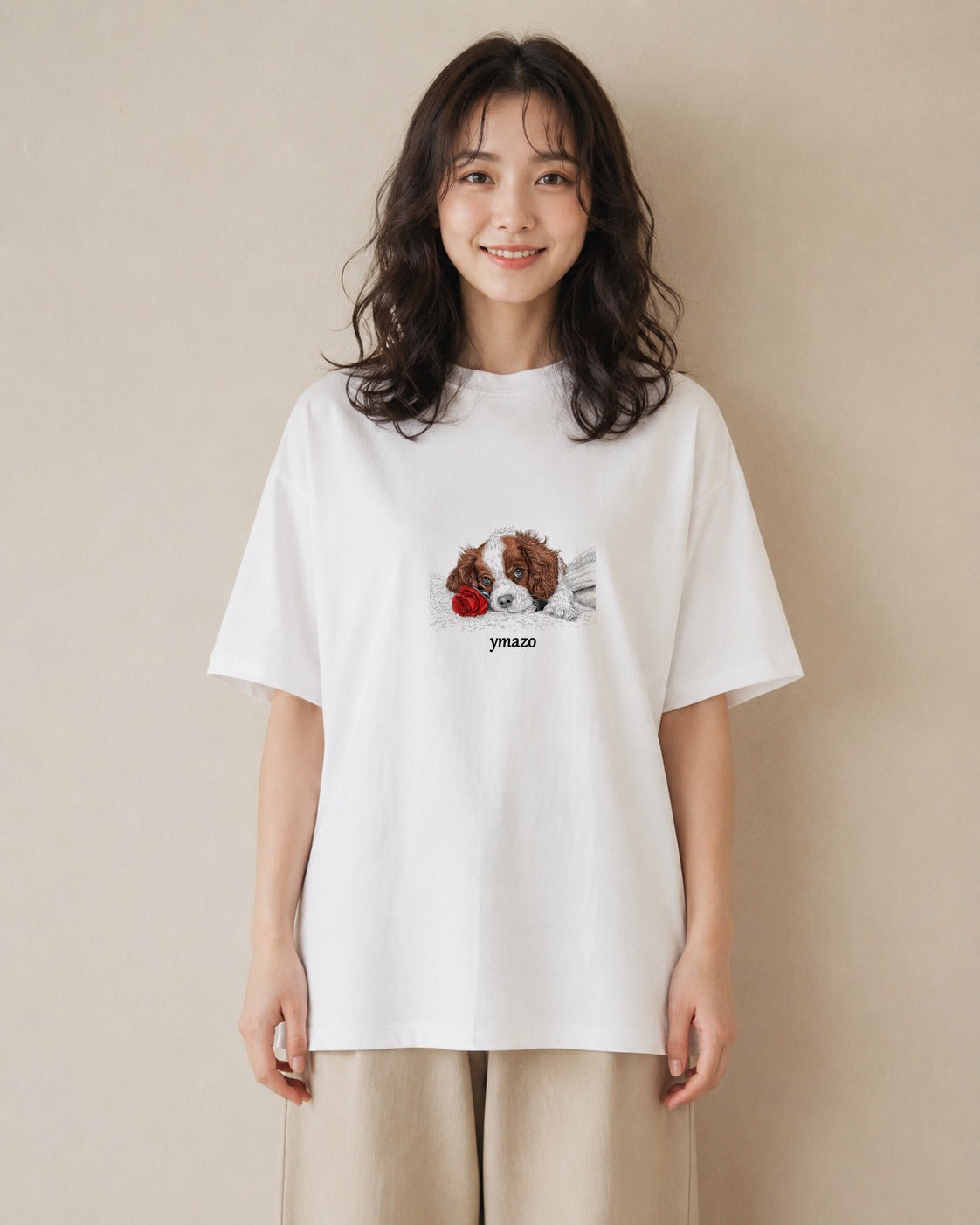 プリントTシャツ レディース キャバリア 犬 いぬ イラスト 手描き風 散歩 お出かけ 白T YMAZO