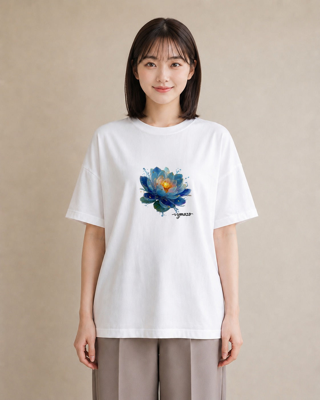 Tシャツ レディース 蓮 花 花柄 イラスト レトロ 休日 ペアコーデ 白T YMAZO