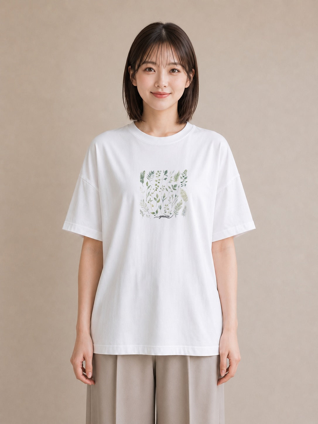 グラフィックTシャツ レディース ボタニカル 植物 イラスト カフェコーデ カジュアルコーデ 買い物 白T YMAZO
