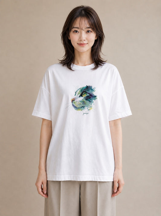 半袖Tシャツ レディース スコティッシュフォールド 猫 ねこ イラスト カフェコーデ 部屋着 女性向けギフト 白T YMAZO