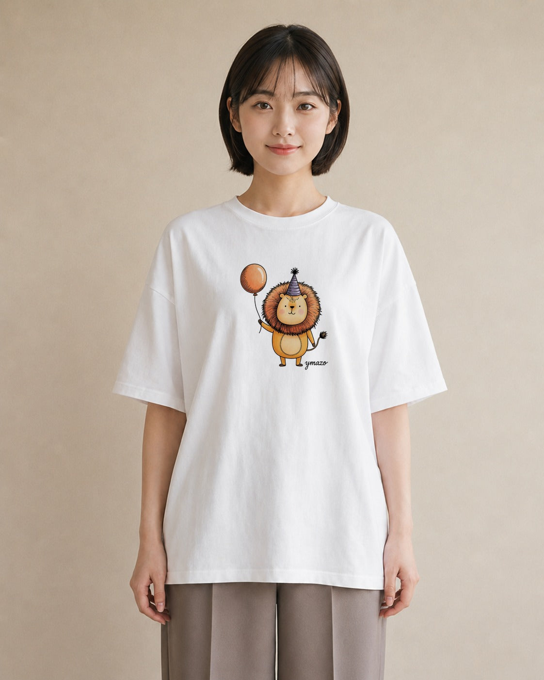 Tシャツ レディース ライオン 動物 アニマル イラスト 上品 公園 ママ 白T YMAZO