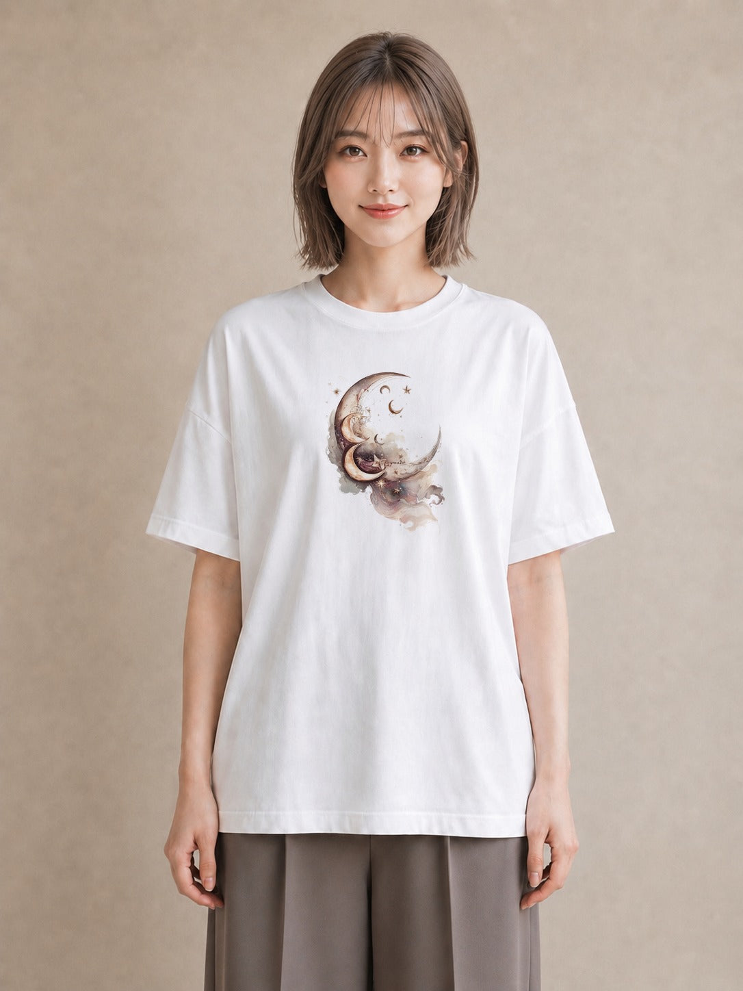プリントTシャツ レディース 満月 星空 宇宙 イラスト ゆるかわ レイヤード 友達ギフト 白T YMAZO