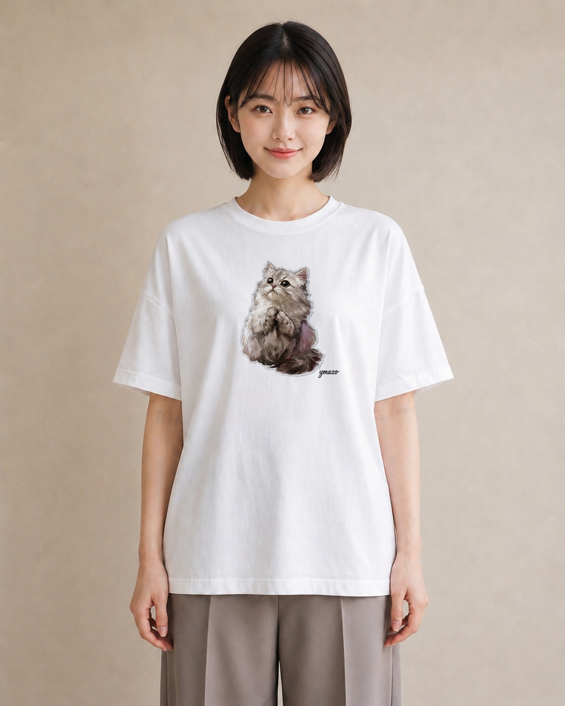半袖Tシャツ レディース スコティッシュフォールド 猫 ねこ イラスト きれいめ カフェ服 クリスマス 白T YMAZO