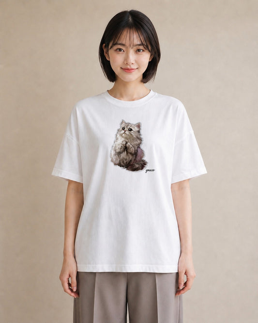 半袖Tシャツ レディース スコティッシュフォールド 猫 ねこ イラスト きれいめ カフェ服 クリスマス 白T YMAZO