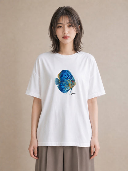 Tシャツ レディース 熱帯魚 ペット 動物 イラスト 上品 ラフ レイヤード 白T YMAZO