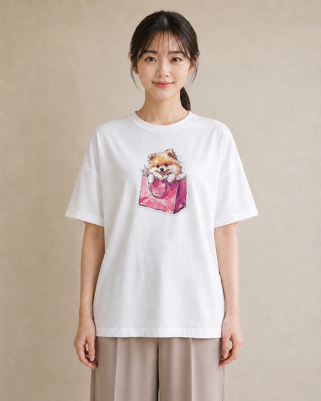 半袖Tシャツ レディース ポメラニアン ポメ 犬 いぬ イラスト ミニマル お出かけ 普段着 白T YMAZO