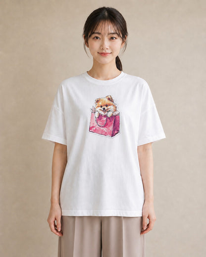 半袖Tシャツ レディース ポメラニアン ポメ 犬 いぬ イラスト ミニマル お出かけ 普段着 白T YMAZO
