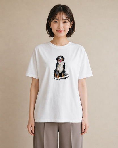 半袖Tシャツ レディース バーニーズマウンテンドッグ 犬 いぬ イラスト 線画 女性 旅行用 白T YMAZO