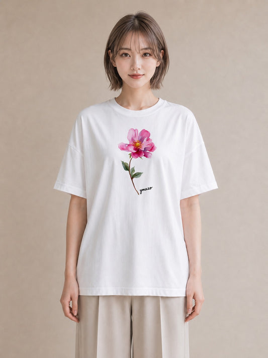 グラフィックTシャツ レディース 牡丹 花 花柄 イラスト ナチュラル 母娘コーデ 自分用 白T YMAZO