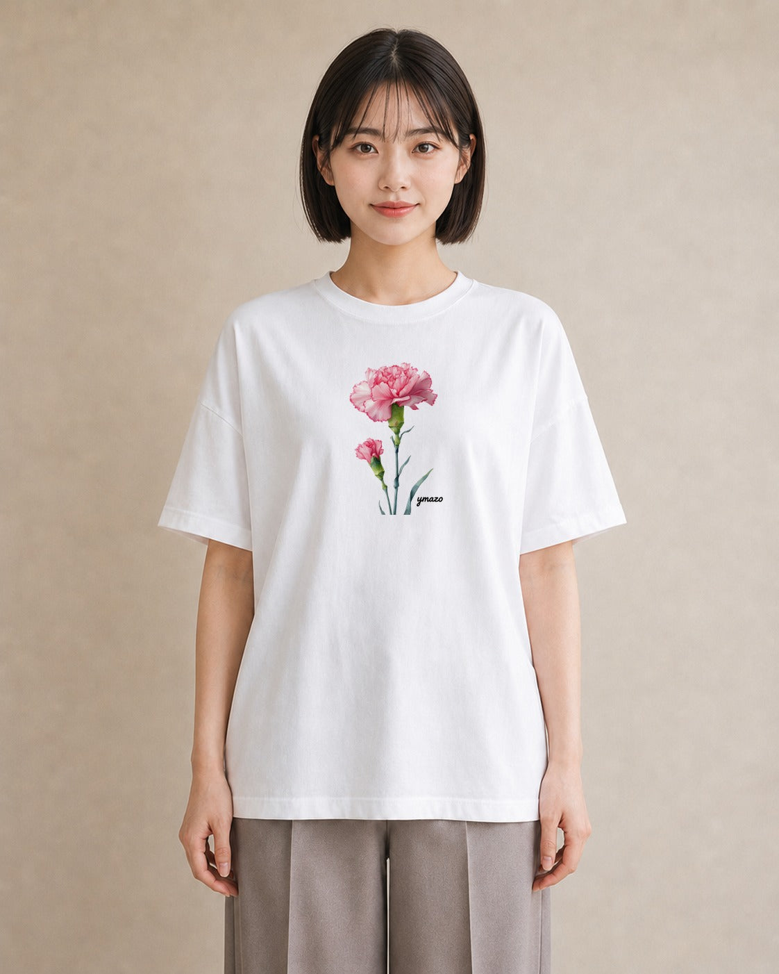プリントTシャツ レディース カーネーション 花 花柄 イラスト きれいめ 春服 ミセス 白T YMAZO