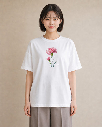 プリントTシャツ レディース カーネーション 花 花柄 イラスト きれいめ 春服 ミセス 白T YMAZO