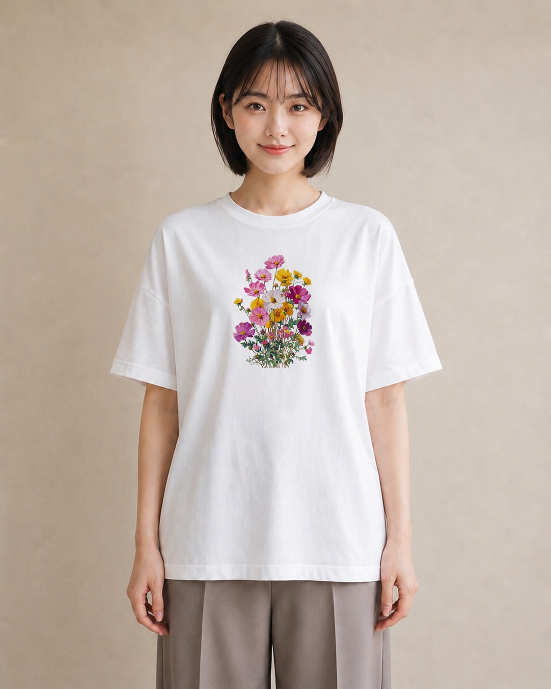 半袖Tシャツ レディース コスモス 秋桜 花 花柄 イラスト ゆるかわ お出かけ 普段着 白T YMAZO