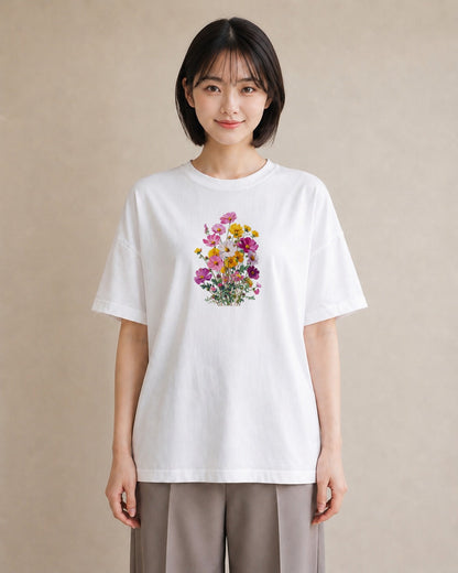 半袖Tシャツ レディース コスモス 秋桜 花 花柄 イラスト ゆるかわ お出かけ 普段着 白T YMAZO