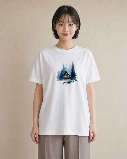 プリントTシャツ レディース 湖畔の小屋 湖 小屋 ナチュラル アンティーク イラスト 線画 ペアコーデ 秋コーデ 白T
