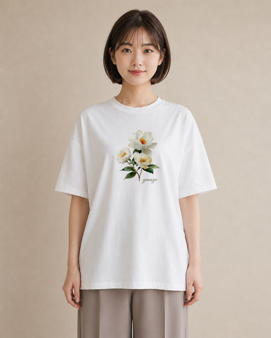 Tシャツ レディース 牡丹 花 花柄 イラスト モード デート 帰省 白T