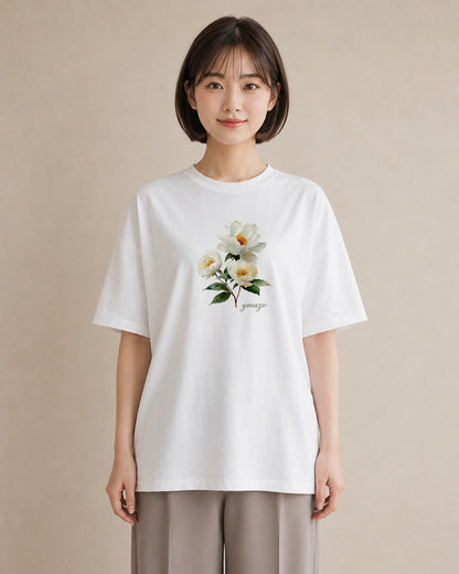 Tシャツ レディース 牡丹 花 花柄 イラスト モード デート 帰省 白T