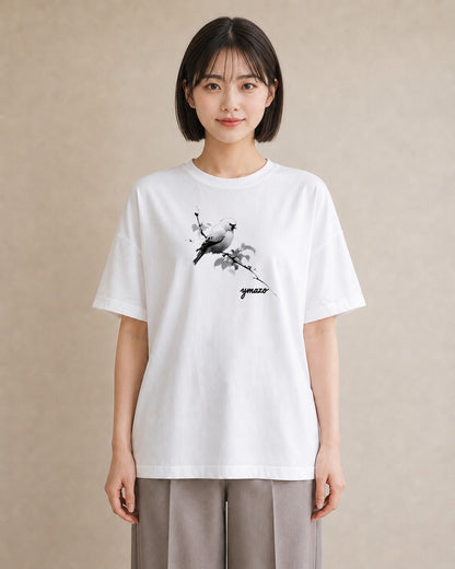 グラフィックTシャツ レディース 遠い家と鳥 風景 鳥 ナチュラル アンティーク イラスト アート風 旅行 母娘コーデ 白T YMAZO